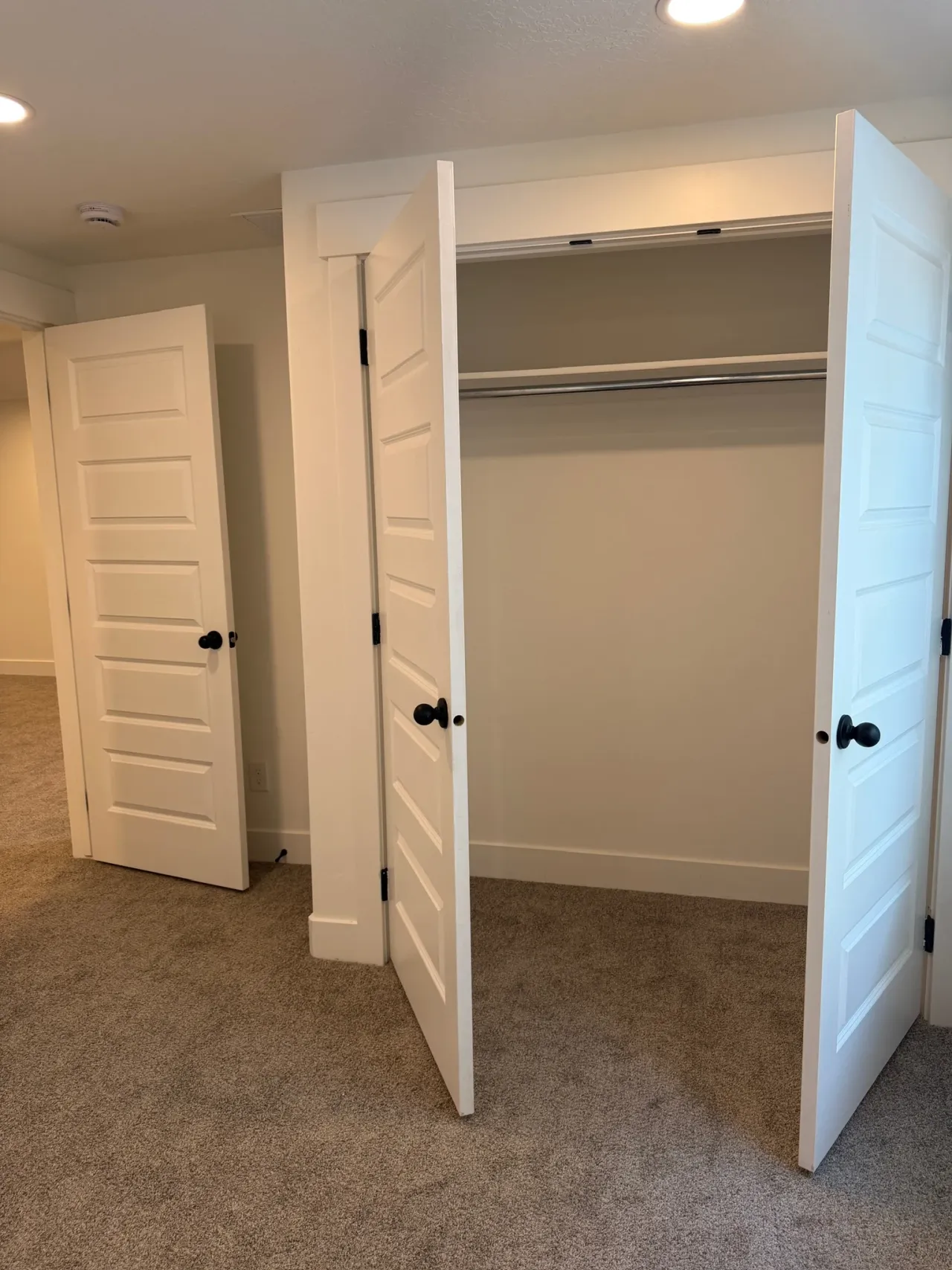 Finished basement bedroom with built-in closet, shaker doors, and neutral carpet