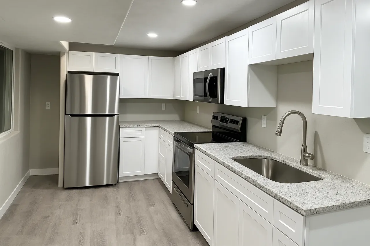 White shaker kitchen with stainless steel appliances, granite countertops, and wood-look flooring